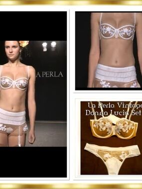 La Perla SET (34C) Panty XS Lace Eyelet Ribboned Mesh Silk Nude/White RARE FIND